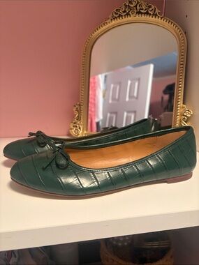 J. Crew Factory Green Croc-Embossed Bow Flats